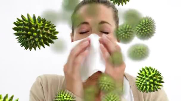 Close View Sneezing Young Caucasian Woman Random Green Pollen Grains — Stock Video