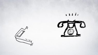İki kırmızı telefonun çizim animasyonu, solda modern ve sağda bir döner kadran, açık gri arka plan üzerinde