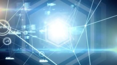 Hareketli blockchain döngüleri ve bağlantı çizgilerinin sinematik görünümü, animasyon yazmada rastgele dijital kodlar ve altıgen desen arka planı üzerindeki hareketli grafikler