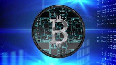 Hareket eden mavi ışıklar ile siyah bir arka plan üzerinde rasgele kodları ve komut hareketli hareket devre kartı ve sinematik görünümü yapılmış statik siyah Bitcoin dijital animasyon