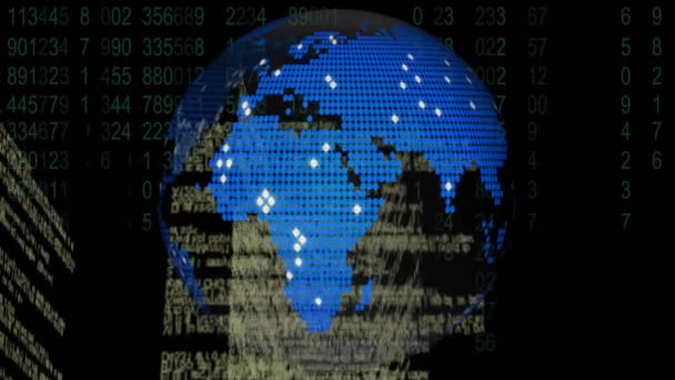 Animation numérique d'un monde 3D rotatif en bitmap avec des textes, des scripts et des nombres aléatoires en arrière-plan 