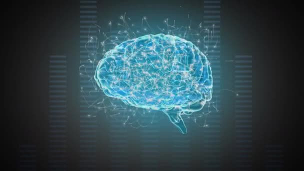 Цифрова Анімація Обертового Синього Мозку Навколишніми Частинками Фоні Смуг Частот — стокове відео
