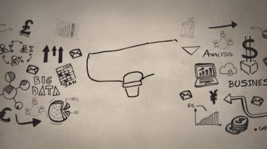 Sarı tıklama ve kilit konektörü ile kahverengi bir çanta Sketch animasyon. Kahverengi bir arka plan üzerinde iş ve finans hakkında rastgele vektör simgeleri