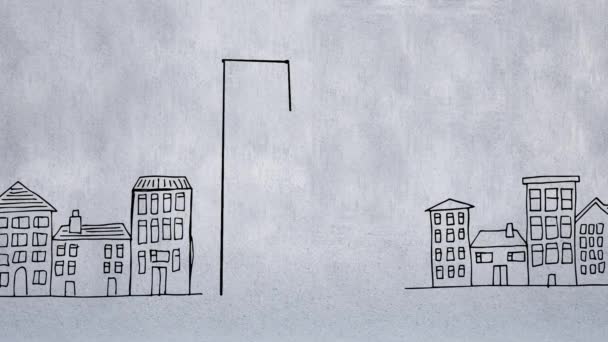 两栋建筑的草图动画 左边的一个比右边的一个高 在浅灰色背景上随机绘制小房子和建筑物的草图 — 图库视频影像