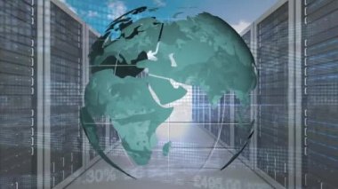 Bir sunucu odasında ızgara dönen bir 3d dünyanın Koridor görünümü. Rasgele hareketli yüzde ve sayılar ön planda