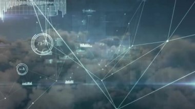 Blockchain döngüleri ve bağlantı çizgilerini hareket ettiren sinematik görünüm, animasyon yazmada rastgele dijital kodlar ve bir demet bulut arka planda grafikleri hareket ettirme