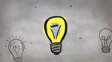 Sarı anahatlı yanıp sönen bir ampulün çizim animasyonu. Diğer iki ampul, soldaki açık ken sağdaki kapalı, gri bir arka plan üzerinde