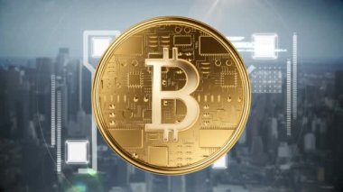 Devre kartından ve rasgele hareket eden dijital vektörlerden ve alfabelerden yapılmış, bir şehir manzarasının arka plan olarak drone görünümüne sahip titreşimli bitcoin'in dijital animasyonu