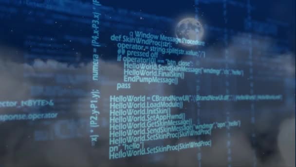 在满月和多云的夜空背景中键入动画时移动源代码和 Android 脚本的影院视图 — 图库视频影像