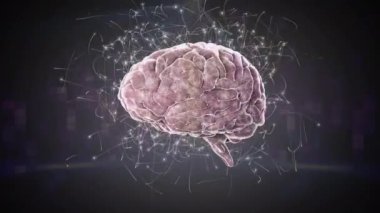 Hareketli bir frekans çubukları arka plan üzerinde çevreleyen parçacıklar ile dönen beyaz beynin dijital animasyon