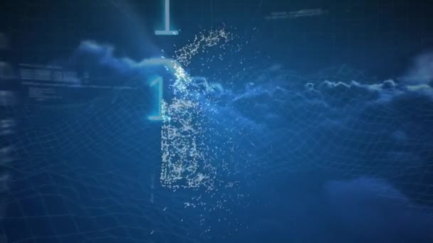 배경으로 구름의 시리즈에 떨어지는 숫자와 중간에 사이버 잠금의 디지털 애니메이션 — 비디오