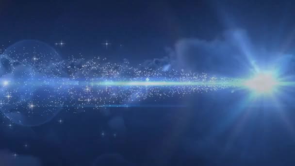 两个粒子相互移动的数字动画形成地平线和随机散射闪烁的星星 并在夜空背景中移动云彩 — 图库视频影像