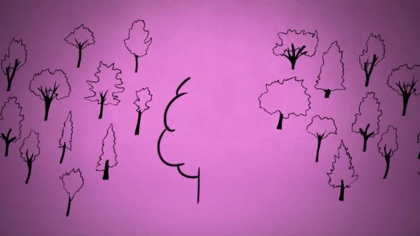 ピンクの背景に様々な木のランダムなスケッチと緑の葉を持つ木のスケッチアニメーション — ストック動画