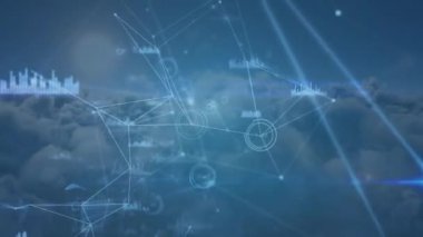 Blockchain döngülerinin, bağlantı çizgilerinin ve hareketli çubuk grafiklerin ve ekrandan uzaklaştırığı bulut yığınlarının dijital animasyonu.