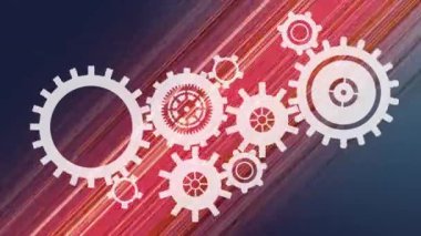 Arka planda renkli çapraz çizgileri hareket ettiren birkaç dönen beyaz endüstriyel dişlilerin dijital animasyonu