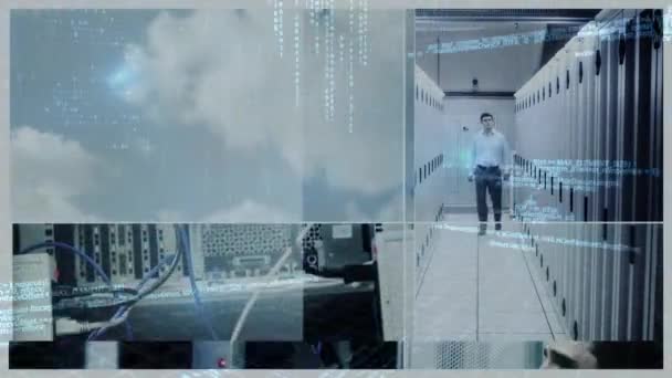 画面上でデジタルコードとスクリプトを移動するサーバールームで白人技術者のアクションを示すランダムなビデオのスライドショーアニメーション — ストック動画