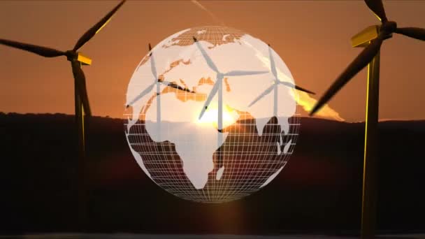 地球グリッドグローブの回転と回転する5つの風車タービンの夕日の眺め — ストック動画