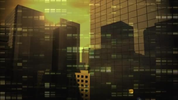 セピア調の超高層ビルのある街のシネマティックな眺め 前景としてのデジタルバーの落下 — ストック動画