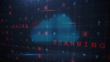 Siyah arka planda siber saldırı konsepti ile ortada bulut teknolojisi, dijital kilit ve dijital kalkan ızgara simgelerinin dijital animasyon