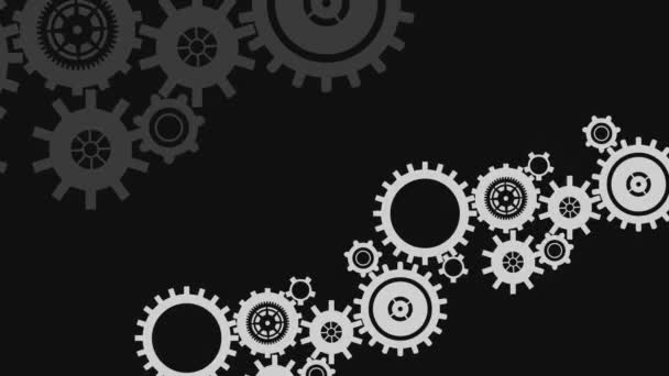 Digital Animation Various Rotating White Gray Industrial Gears Black Background — Stock Video
