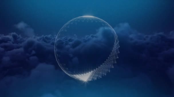 Animation numérique d'une sphère transparente en formation au milieu, nuages mouvants dans un fond de ciel nocturne 