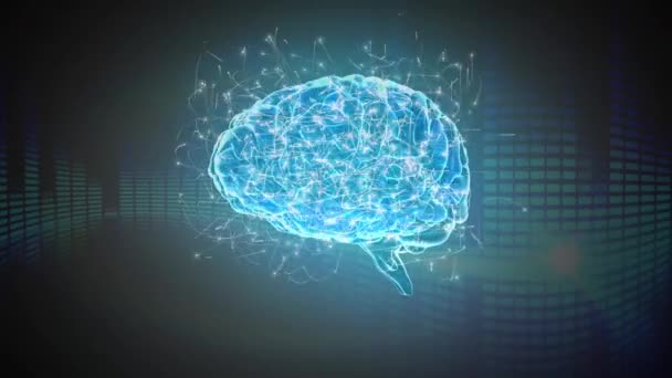 Цифрове Мистецтво Синього Мозку Обертається Оточене Рухомими Частинками Пересування Барвистих — стокове відео