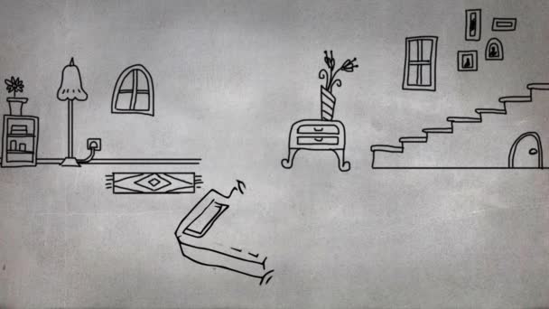 スケッチされたリビングルームの背景に白い電話のスケッチアニメーションのシネマティックビュー — ストック動画