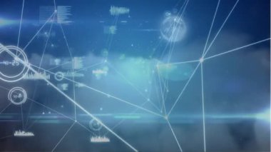 Blockchain döngüleri, grafikler, komut dosyaları ve ekolayzı dalgaların hareketli bulutları ve ay arka plan olarak hareketli dijital animasyonu