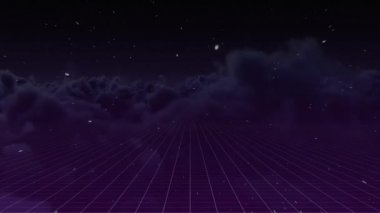 Alt kısmında şeffaf bir ızgara ile yıldızlı bir gökyüzünde hareketli kümülüs bulutları dijital kompozit