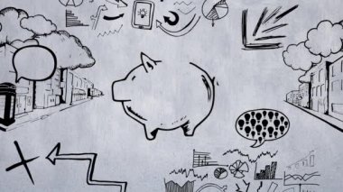Ortasında bir dolar işareti ile pembe bir kumbara Sketch animasyon. Grafiklerin, grafiklerin, şehir manzarasının, konuşma baloncuklarının ve arka plandaki ekonomik eğilimlerin çizimleri