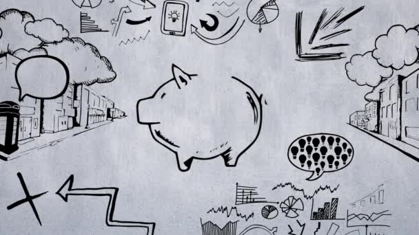 Szkic Animacji Różowy Skarbonka Znakiem Dolara Środku Szkice Wykresów Wykresów — Wideo stockowe