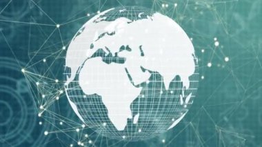 Hareketli eşmerkezli halkalar ve blockchain teknolojisi animasyonu ile dönen bir dünya dünyasının dijital olarak oluşturulan animasyonu.