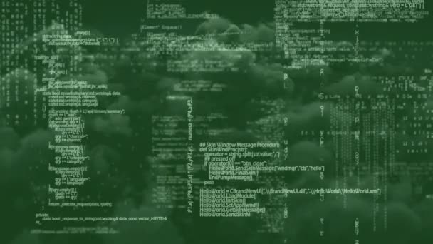 Серія Запущених Цифрових Кодів Сценаріїв Зеленому Фоні Хмарними Елементами — стокове відео