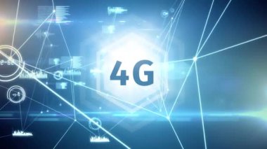 Frekans grafikleri ve kodları ile 4g simgesi ve blockchain teknolojisi animasyon parlak altıgen görünümü.