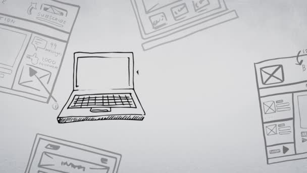 Ескіз Двох Ноутбуків Чоловіком Жінкою Екрані Стрілка Посилання Рекламою Бізнес — стокове відео