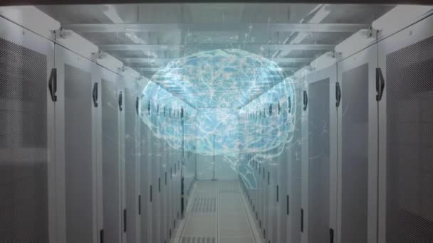 Vue latérale des codes rotatifs et binaires du cerveau humain apparaissant sur l'allée d'un centre de services de données .