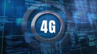 Kare ızgara arabiriminde büyük 4g bağlantı simgesi ve bilgisayar programlama kodları.