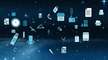 Yıldızlı bir gece arka plan ofis ve iş yönetimi hakkında rasgele simgeler