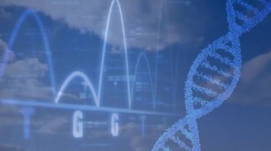 Yeni nesil DNA diziliminin sinematik görünümü. Sağda hareket eden bir DNA ipi, solda DNA kodu ve mavi arka planda DNA dizilimi