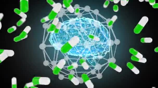 Rotating Model Brain Surrounded Molecular Structure Falling White Green Capsules — Stock Video