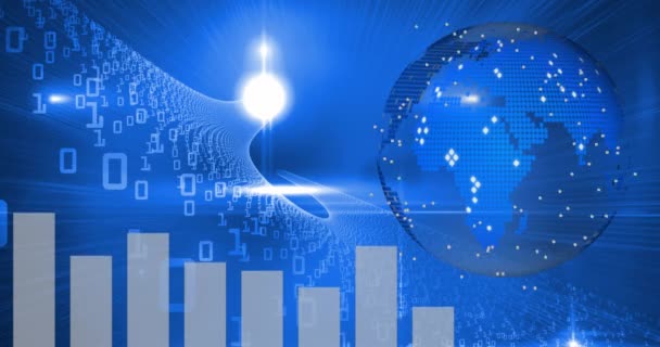 Animation numérique d'une image bitmap du monde avec graphique à barres fluctuantes et codes binaires en fond bleu 4k 