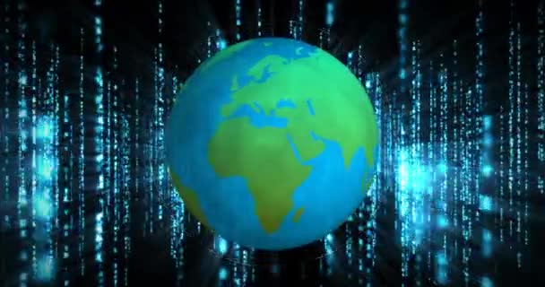 Animation numérique d'une vue d'ensemble d'un monde tournant avec anneaux pulsants et fond de pluie numérique 4k 