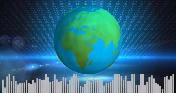 Une Terre pulsante au milieu avec des codes binaires en haut, et des barres de visualisation en bas. 4k 