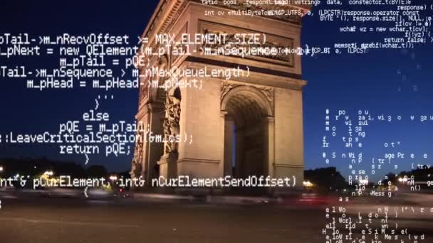 Digitale Samenstelling Van Arc Triomphe Met Programmacodes Die Voorgrond Worden — Stockvideo