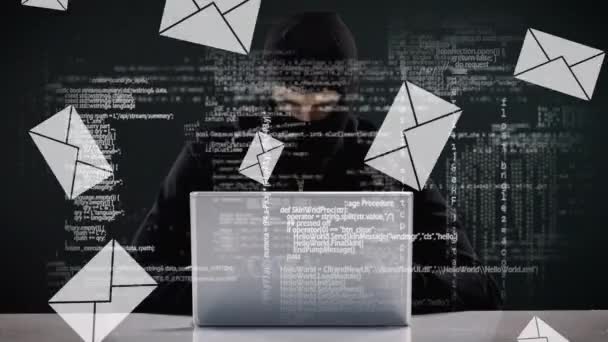 Digitale Samenstelling Van Hacker Met Balaclava Typen Een Computer Met — Stockvideo