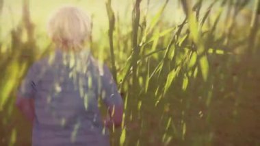 Ön planda uzun otlarla çimenlik bir tarlada parkbankına doğru koşan küçük beyaz bir çocuğun dijital bileşimi