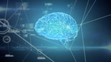 Ön planda grafik ve kodlar ağı olan bir beynin dijital animasyonu