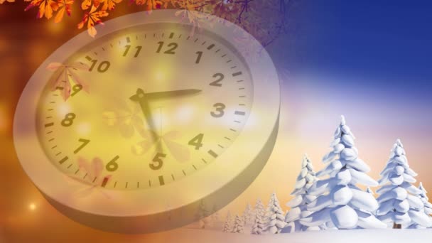 Animación Digital Las Estaciones Invierno Otoño Con Reloj Entre — Vídeo de stock