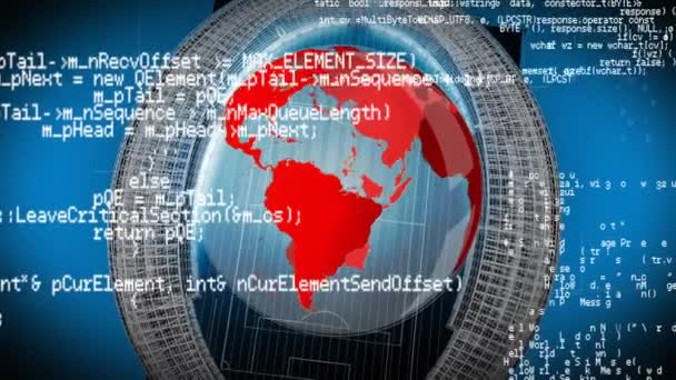 Composite numérique d'un globe tournant entrant dans un stade avec des codes de programme au premier plan 