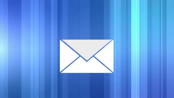 青い剥ぎ取られた背景に飛行メッセージアイコンで満たされた封筒のデジタルアニメーション — ストック動画